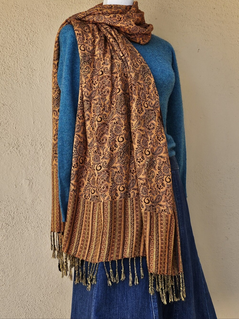 Fall Pashmina Scarf W/ Brown & Orange Paisley Print All Over